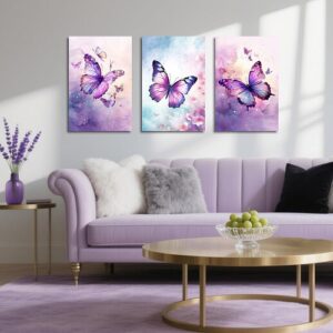 Purple butterfly wall art 3-Piece