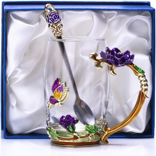 Glass butterfly tea cup with spoon set