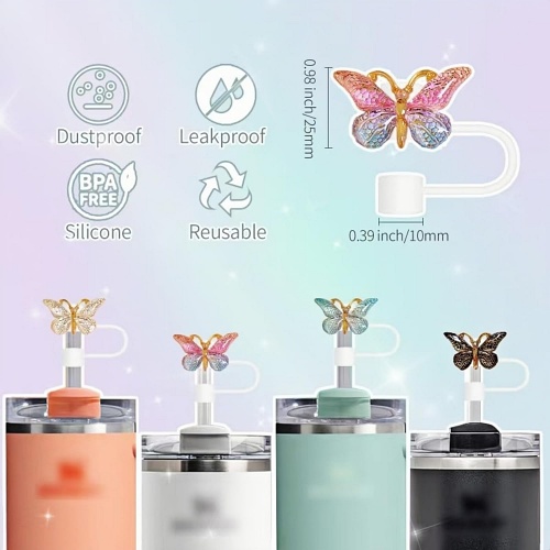 This four-pack of glitter-infused resin and silicone butterfly toppers provides a hygienic, dust-proof seal for Stanley and Simple Modern tumblers, blending durable protection with a radiant, personalized style.