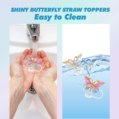 This four-pack of glitter-infused resin and silicone butterfly toppers provides a hygienic, dust-proof seal for Stanley and Simple Modern tumblers, blending durable protection with a radiant, personalized style.