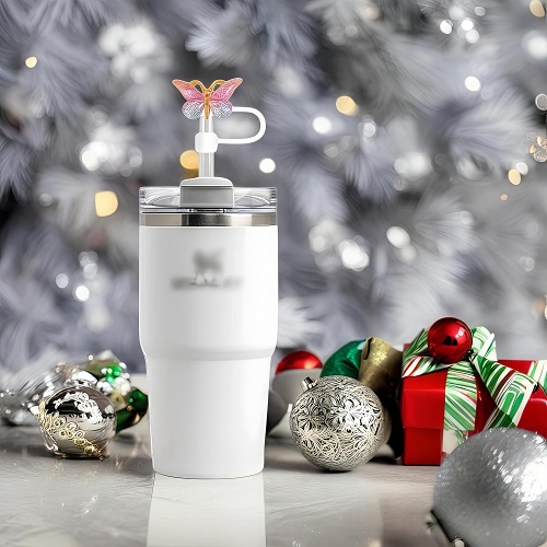 This four-pack of glitter-infused resin and silicone butterfly toppers provides a hygienic, dust-proof seal for Stanley and Simple Modern tumblers, blending durable protection with a radiant, personalized style.