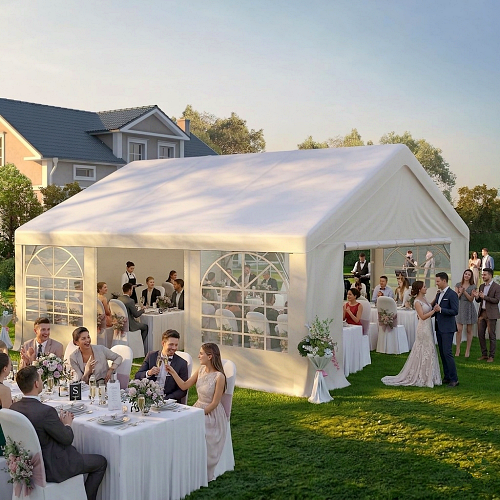 add realistic people celebrating at a wedding to this exact photo with the exact same tent