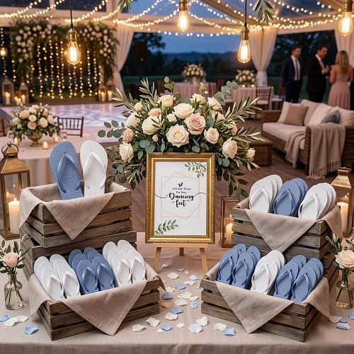 please make me a 1:1 image of these exact same flip flops being presented beautifully at a wedding